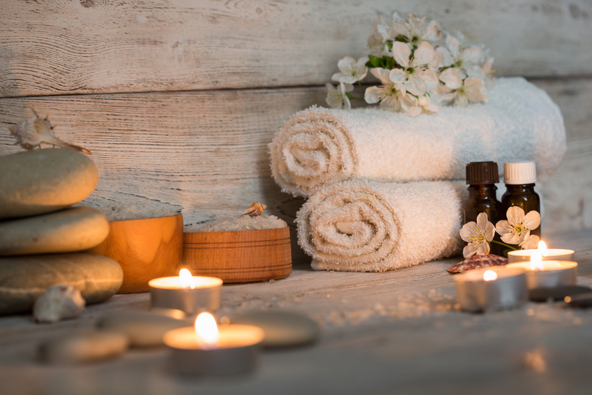 Items for spa, towels and candles